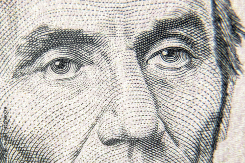 Photographie Abraham Abe Lincoln face on 5 dollar bill close up