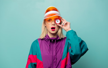 Sticker - Beautiful woman in 90s sport suit with alarm clock