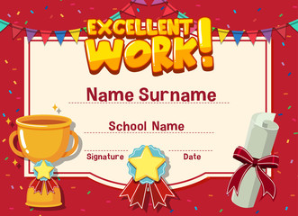 Wall Mural - certificate template for excellent work with trophy in background