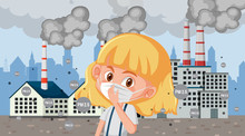 Scene With Sick Kid With Mask In Front Of Factory Buildings