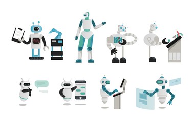 Poster - Set of different robots that perform their tasks. Modern robots helpers. Isolated robots and new technologies.