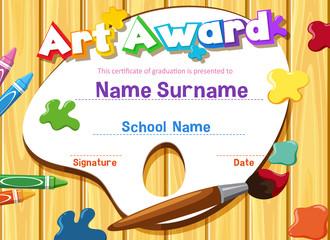 Wall Mural - certificate template for art award with paintbrush and paints in background