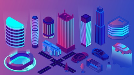 Poster - Night neon business center of modern city vector isometric illustration. Downtown place of future with light skyscrapers and flying car. Futuristic street of town cityscape