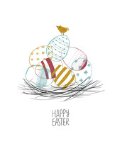 Happy Easter Greeting Card With Eggs And A Chick.