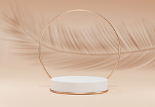 White Pedestal With Palm Tree Leaf Shadow Over Beige Pastel Natural Background. Podium Display With Metal Gold Round Frame Ring. Trendy Subtle Abstract Summer Product Promotion. Copy Space 3d Render.