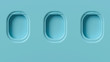 Airplane windows concept, pastel 3d illustration. Blue background, plane illuminators front view, travel minimalist interior. Cabin inside concept, tourism background. Porthole flight window.