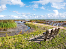 Bench Overlooking Marshes And Footpath Of Nature Trail On Marker Wadden In Markermeer, Netherlands