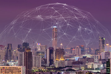 Poster - Smart city and communication network concept. 5G with AR and VR Wireless communication.