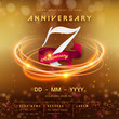 7 years anniversary logo template on golden Abstract futuristic space background. 7th modern technology design celebrating numbers with Hi-tech network digital technology concept design elements.