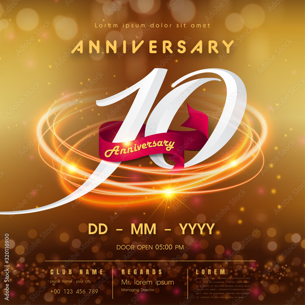 10 years anniversary logo template on golden Abstract futuristic space background. 10th modern technology design celebrating numbers with Hi-tech network digital technology concept design elements. - obrazy, fototapety, plakaty 
