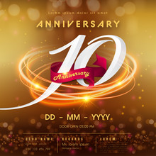 10 Years Anniversary Logo Template On Golden Abstract Futuristic Space Background. 10th Modern Technology Design Celebrating Numbers With Hi-tech Network Digital Technology Concept Design Elements.
