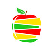 Apple cutted into slices. Different colors apple pieces mix - red, green, yellow with leaf. Fruit juicy logo.