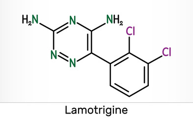 Lamotrigine molecule. It is used in the treatment of epilepsy and bipolar disorder. Skeletal chemical formula