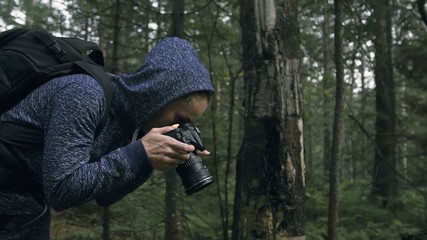 Traveler photographing scenic view in forest. One caucasian woman shooting nice magic look. Girl take photo video on dslr mirrorless camera. Professional photographer travel with backpack. Outdoor.