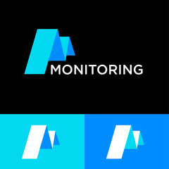 Wall Mural - Monitoring logo. Letter M like chart. M letter consist of  blue bended paper ribbon, isolated on a on different backgrounds. Network, web icon. 