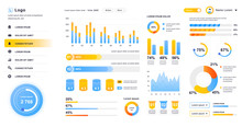 Dashboard UI. Admin Panel Vector Design Template With Infographic Elements, HUD Diagram, Info Graphics. Website Dashboard For UI And UX Design Web Page. Vector Illustration.