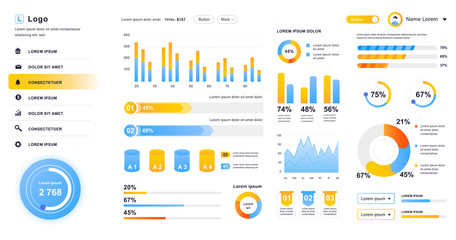 Fototapete - Dashboard UI. Admin panel vector design template with infographic elements, HUD diagram, info graphics. Website dashboard for UI and UX design web page. Vector illustration.