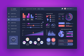 Poster - Dashboard UI. Admin panel vector design template with infographic elements, HUD diagram, info graphics. Website dashboard for UI and UX design web page. Dark style. Vector illustration.