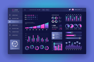 Leinwandbilder - Dashboard UI. Admin panel vector design template with infographic elements, HUD diagram, info graphics. Website dashboard for UI and UX design web page. Dark style. Vector illustration.