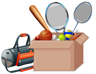 Poster - Cardboard box full of sport equipments on white background