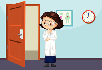 Poster - Classroom scene with girl in lab gown