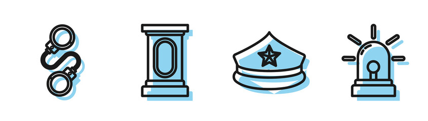 Wall Mural - Set line Police cap with cockade, Handcuffs, Stage stand or debate podium rostrum and Flasher siren icon. Vector