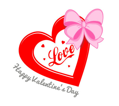 Valentine Day red heart and pink ribbon. Greeting card. Illustration, vector