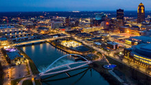 Aerial View Of The Des Moines River And Skyline At Night