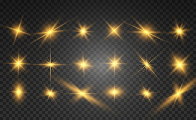 Poster - Set of bright beautiful stars. Light effect. Bright Star. Beautiful light to illustrate. Christmas star. White glitter sparkles with special light effect. Vector sparkles on a transparent background.