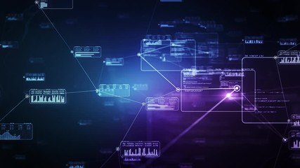Network connections in data center. Software source code and big data linked in virtual space. Perfect to use as a technology or futuristic background. Seamless loop. Alpha channel. CG animation. 4K