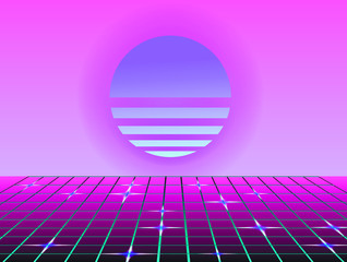 Poster - Retrofuturistic landscape with endless laser grid and rising sun above it. Vaporwave and retrowave style background.