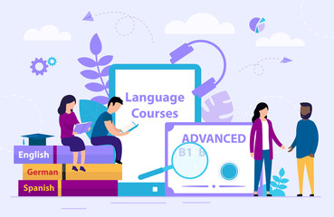 Poster - Language Courses Concept. Tiny People Are Learning Foreign languages online in a group. Webinar on learning foreign languages. Cartoon Flat Style. Vector illustration