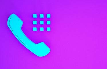 Sticker - Blue Telephone handset icon isolated on purple background. Phone sign. Minimalism concept. 3d illustration 3D render