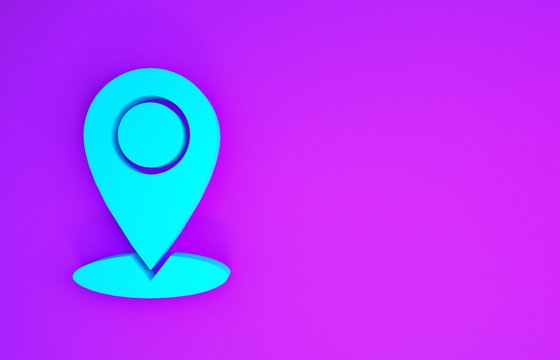 Blue Map pin icon isolated on purple background. Navigation, pointer, location, map, gps, direction, place, compass, contact, search concept. Minimalism concept. 3d illustration 3D render