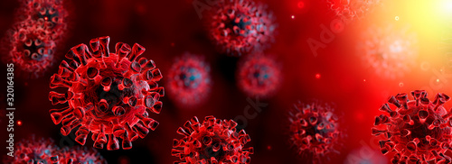Fotomural Corona Virus In Red Background - Microbiology And Virology Concept - 3d Renderin