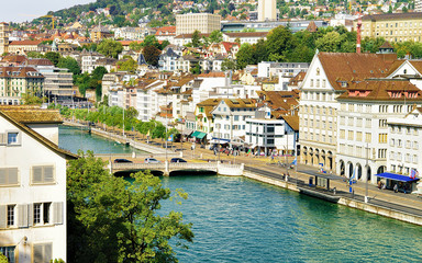 Wall Mural - Bridge at Limmatquai in the city center of Zurich, Switzerland. People on the background. Seen from Lindenhof hill