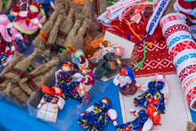 Set Of Handmade Textile Human Rag Dolls, Slavic Ethnic Traditional Toy Symbol Motanka, Folk Craft Souvenir, Art Embroidery On Canvas, On Sale At Ethno Festival Fair Slavic Folk Concept.