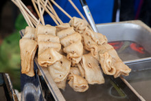 High Angle View Of Fresh Oden In Skewers At Store
