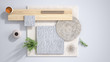 Minimal white background with copy space, marble limestone and granite slabs, wooden plank, cutting board, rosemary and pepper and decors. Kitchen interior design concept, mood board