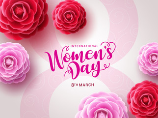 Wall Mural - Women's day vector design. March 8 international woman's day celebration text with camellia flowers in big pink eight in white feminine background. Vector illustration 