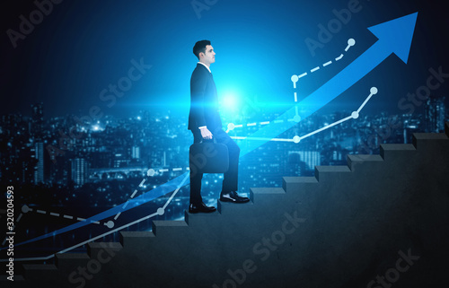 Fotografía Business man climbing up stair steps to career success with business district and horizon skyline as background