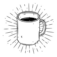 Mug. Hand Drawn Vector Illustration With Mug And Sunburst.