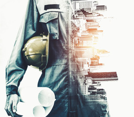 future building construction engineering project concept with double exposure graphic design. buildi