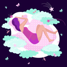 Woman Sleeping And Dreaming, Bedtime Concept, Vector Illustration. Young Woman In Bed, Cartoon Character Sleep At Night. Dream Symbols, Clouds And Butterflies In Flat Style, Healthy Sleep Summer Night