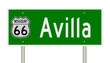 Rendering of a green 3d highway sign for Avilla Missouri on Route 66