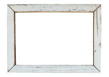 Vintage Wood Picture Frame In White Paint, Weathered. Object Isolated With Clipping Path On White Background.