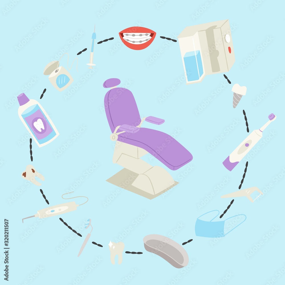 Dental medical care tools and equipment vector illustration. Teeth ...