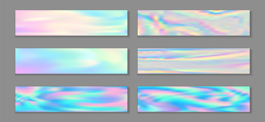 Wall Mural - Holographic cute flyer horizontal fluid gradient mermaid backgrounds vector collection. Opalescence 