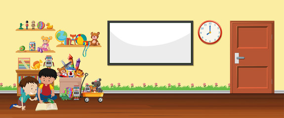 Wall Mural - Background scene with whiteboard and toys