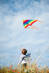 childhood concept of active little caucasian boy in shirt holding multicolored flying kite in blue sky standing among flower field in summer sunset